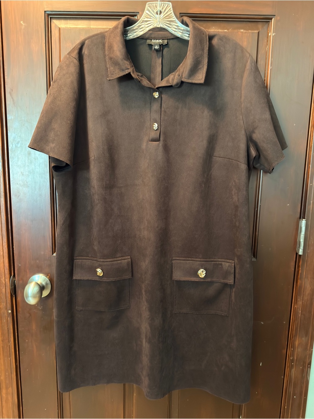 Brown Short-Sleeve Faux Suede Shift Dress